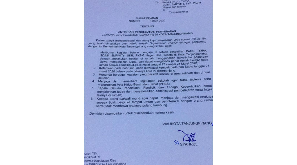 Antisipasi Penyebaran Corona, PAUD Hingga SMP di Tanjungpinang Libur