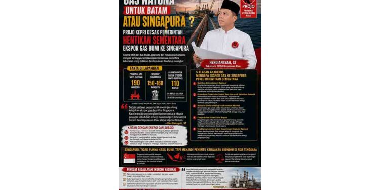 Projo Kepri Desak Pemerintah Hentikan Sementara Ekspor Gas ke Singapura, Prioritaskan Batam